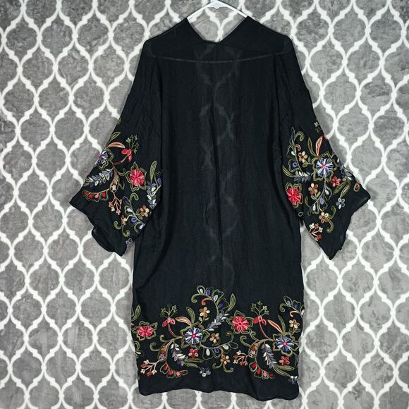 Embroidered Kimono Cardigan Women One Size Black Boho Floral Open Front - Picture 3 of 10
